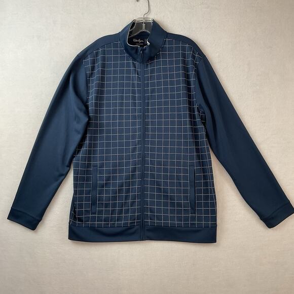 Walter Hagen 11 Majors Jacket‎ Mens Large Navy Blue White Plaid Full Zip Knit - Picture 1 of 10